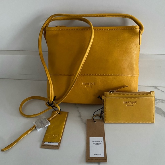NWT Margot Derby Crossbody Bag & Margot Kate Card Case Soft Yellow Leather 2-PC - Picture 2 of 15